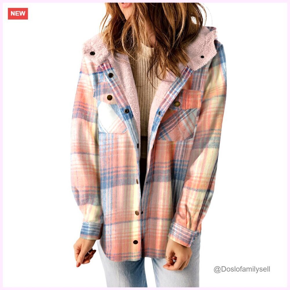 Fleece-Lined Plaid Hooded Shacket, Boyfriend Fit, Button Front & Cuffs - Picture 1 of 7